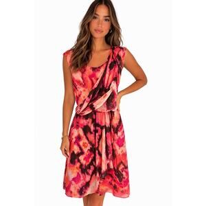 Chequer pink peach twist front detail abstract print cocktail party dress size 4